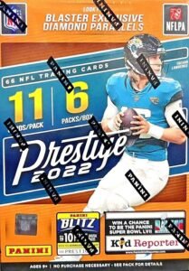 Panini Prestige 2022 NFL trading card box featuring Trevor Lawrence holding football
