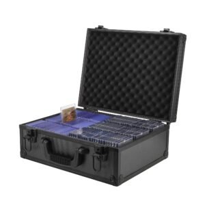 Open black case filled with trading cards in protective sleeves