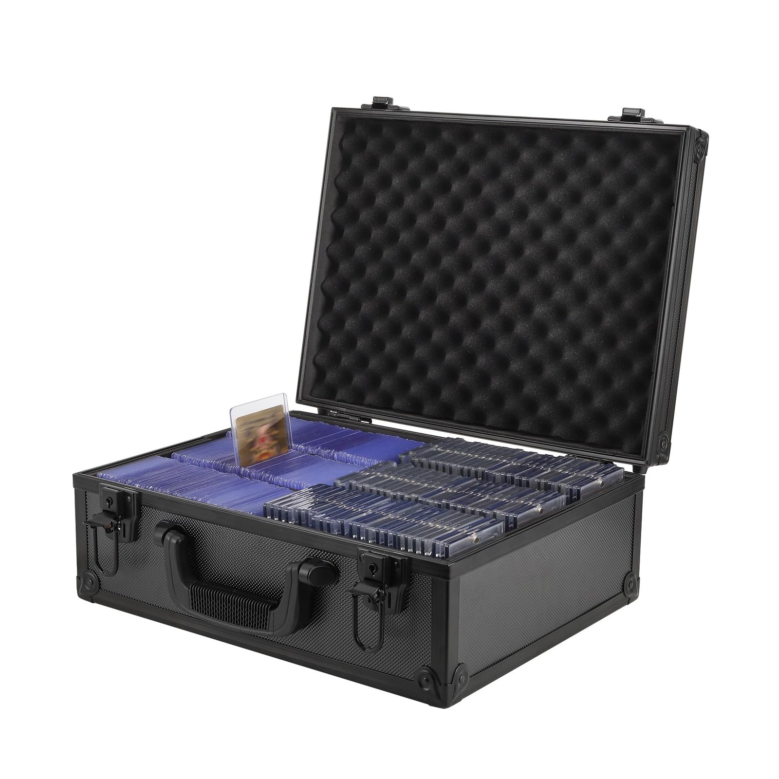 Open black case filled with trading cards in protective sleeves