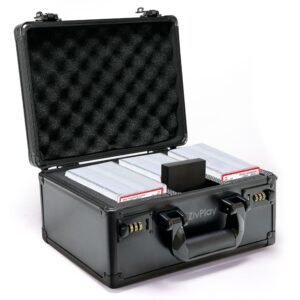 Open black briefcase with Pokemon cards and foam inserts