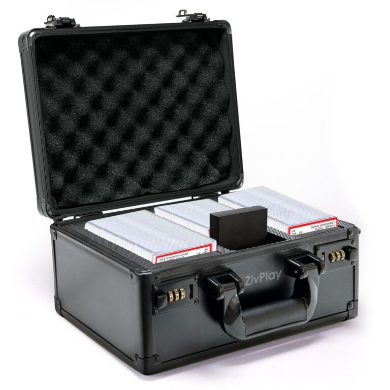 Open black briefcase with Pokemon cards and foam inserts