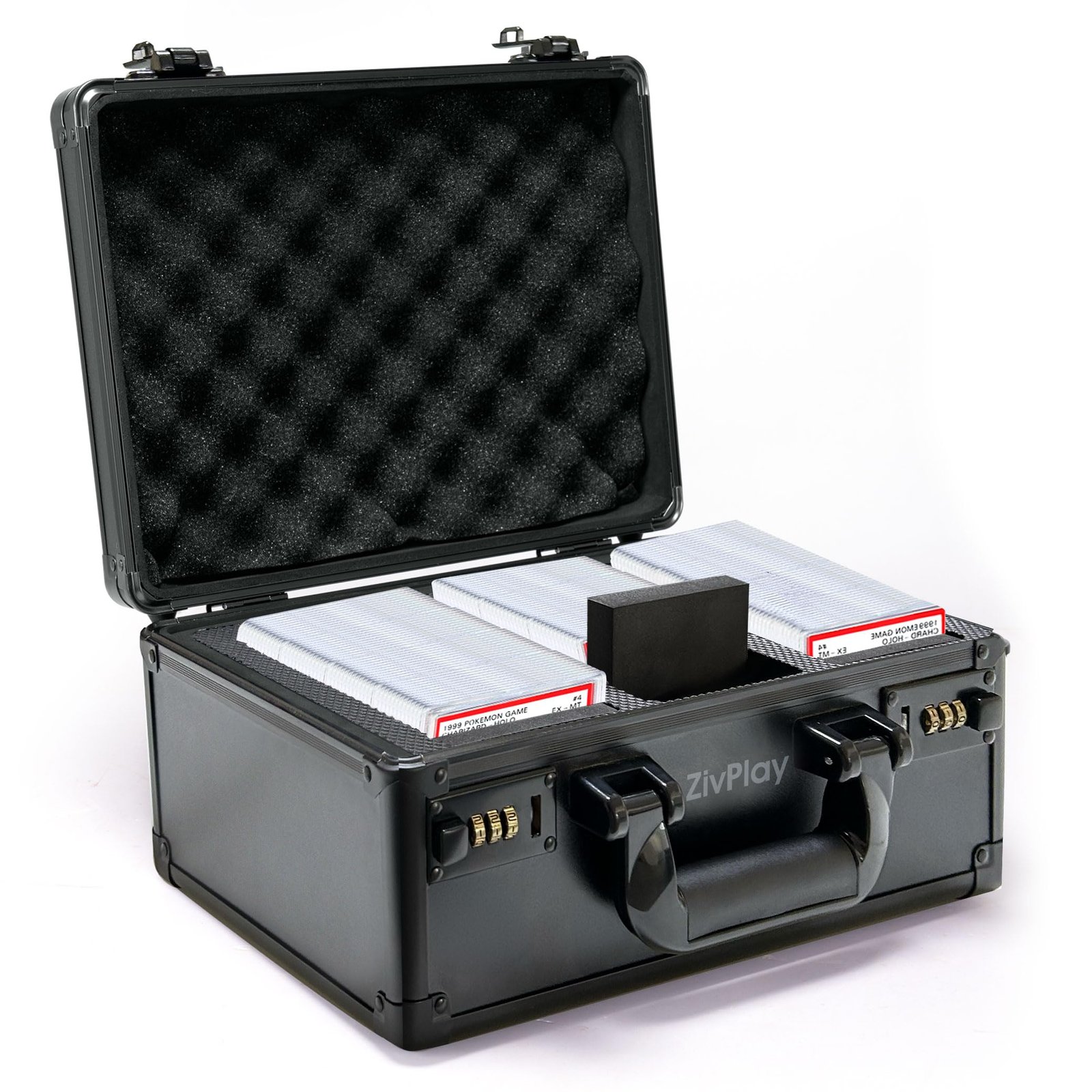 Open black briefcase with Pokemon cards and foam inserts