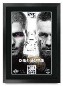 Framed UFC 229 poster featuring Khabib vs McGregor, with signatures and championship belt