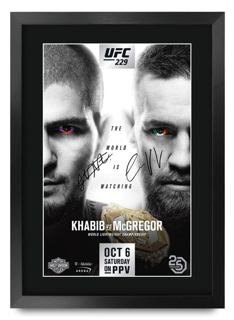 Framed UFC 229 poster featuring Khabib vs McGregor, with signatures and championship belt