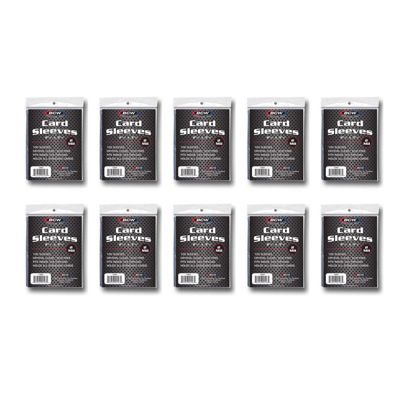 Ten packages of BCW card sleeves, each with 100 sleeves