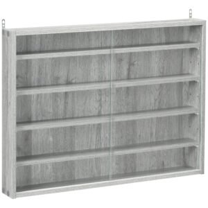 Gray wooden wall-mounted display cabinet with glass sliding doors and shelves