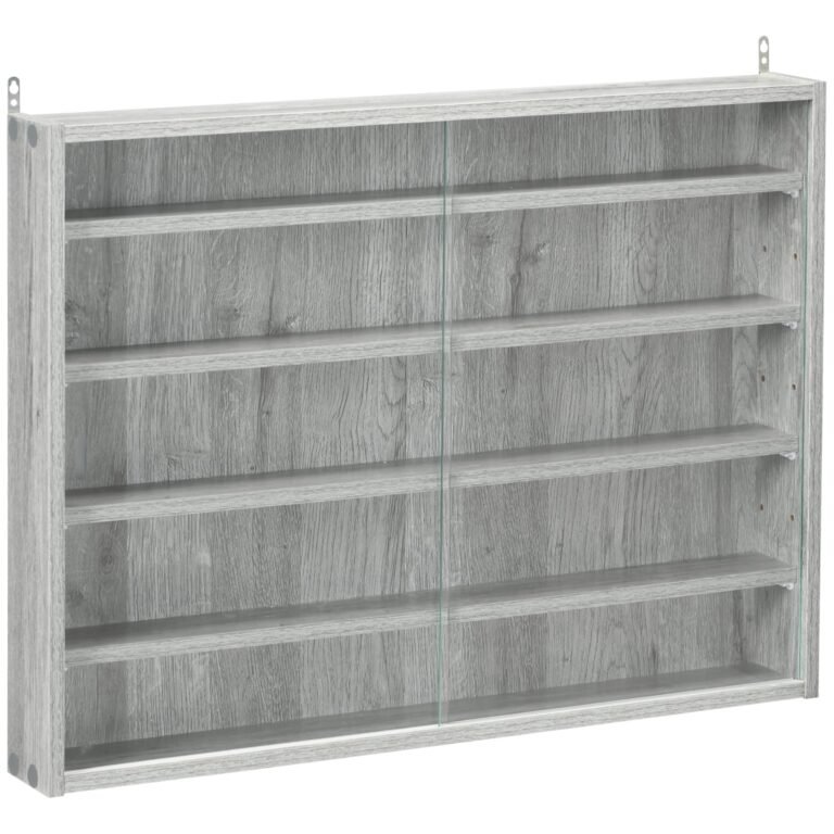 Gray wooden wall-mounted display cabinet with glass sliding doors and shelves