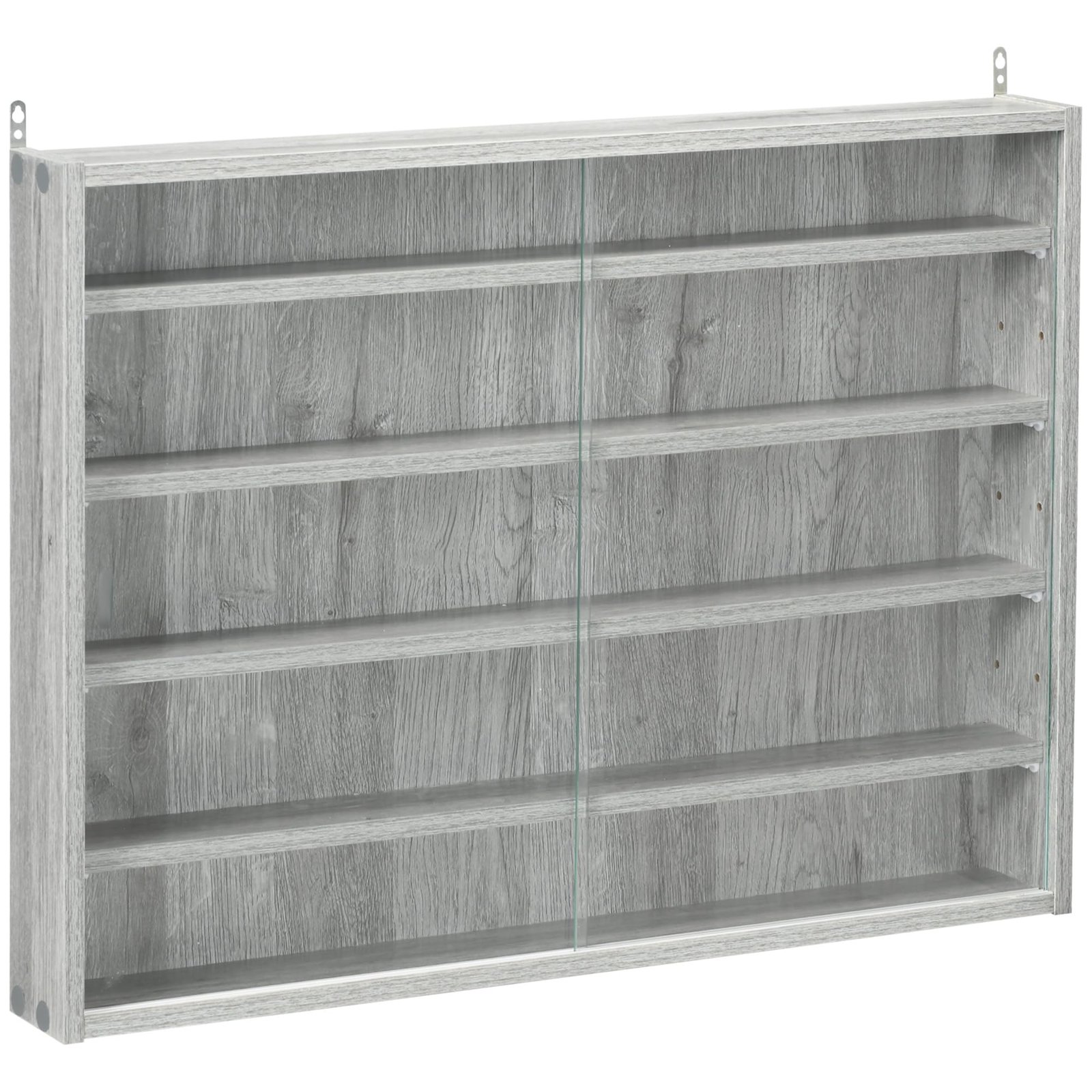 Gray wooden wall-mounted display cabinet with glass sliding doors and shelves