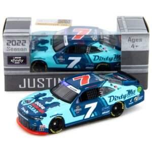 Diecast model of a blue and teal NASCAR race car with "7" and "Dirty Mo" branding