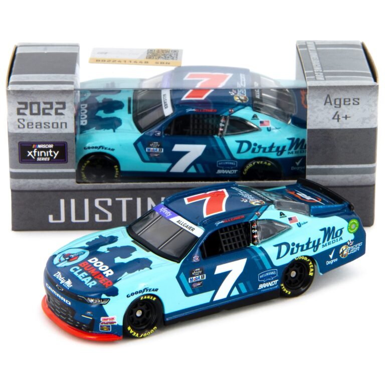 Diecast model of a blue and teal NASCAR race car with "7" and "Dirty Mo" branding