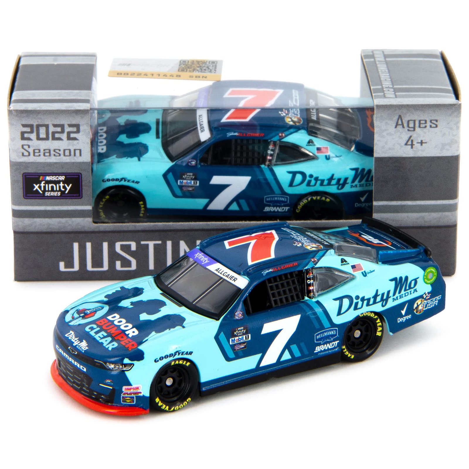 Diecast model of a blue and teal NASCAR race car with "7" and "Dirty Mo" branding
