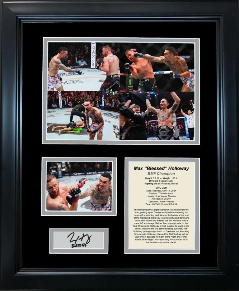 Framed collage of Max Holloway UFC fight photos, signature, and details