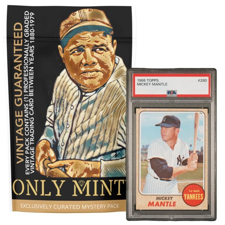 Vintage baseball card pack with Mickey Mantle card and Babe Ruth portrait