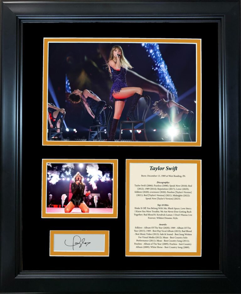 Framed Taylor Swift memorabilia with performance photos, signature, and discography