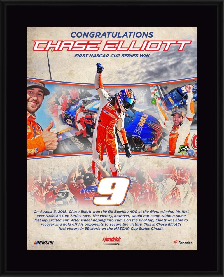 Framed print of Chase Elliott celebrating his first NASCAR Cup Series win