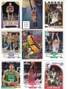 Nine basketball trading cards featuring NBA legends like Michael Jordan and Kobe Bryant