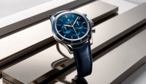 Blue-faced chronograph watch with leather strap, resting on reflective metal surfaces