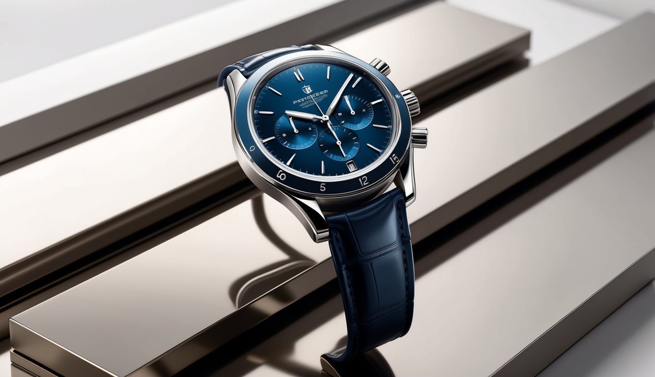 Blue-faced chronograph watch with leather strap, resting on reflective metal surfaces