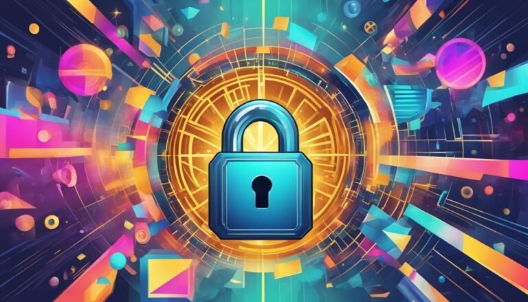Blue padlock in front of a colorful, abstract digital background